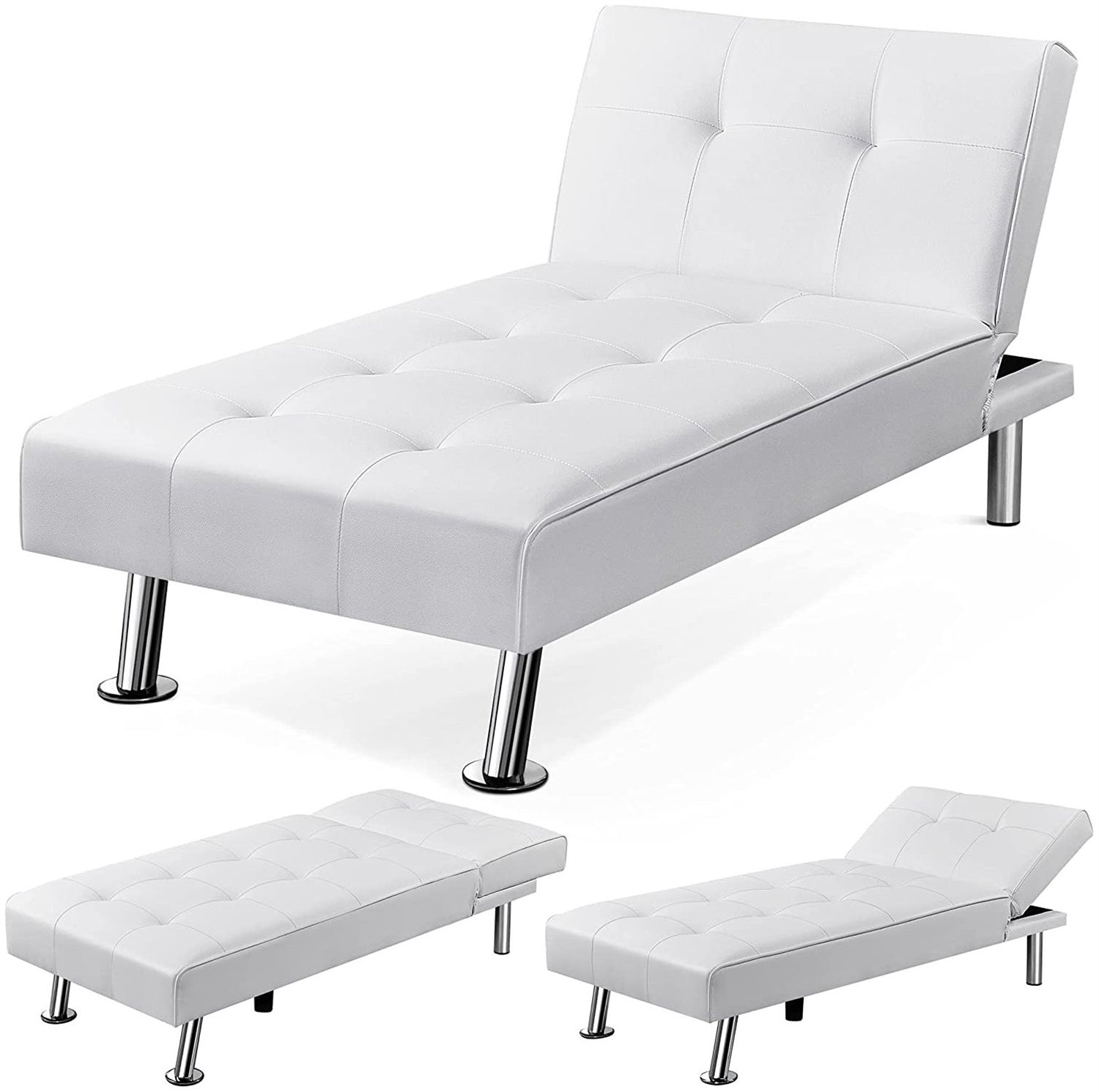 White Modern Faux Leather Chaise Lounge Recliner Sleeper Sofa-0