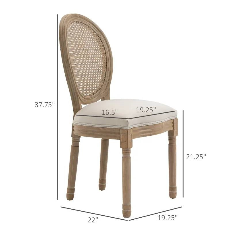 Set of 2 Vintage Upholstered Armless Rattan Back Dining Chairs Beige White-3