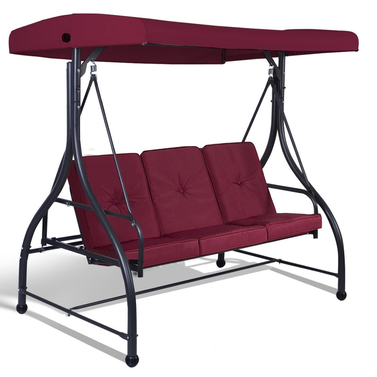 Red Burgundy Wine 3 Seat Cushioned Porch Patio Canopy Swing Chair-0