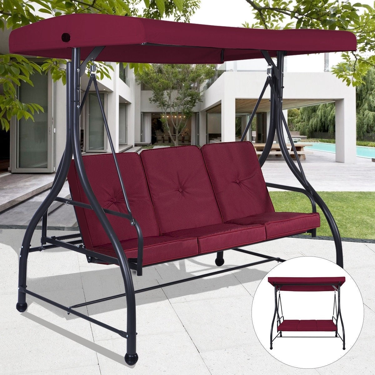 Red Burgundy Wine 3 Seat Cushioned Porch Patio Canopy Swing Chair-1