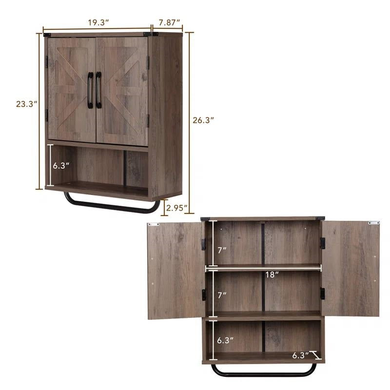 Farmhouse Bathroom Wall Cabinet with Towel Bar in Taupe Grey Brown Wood Finish-4