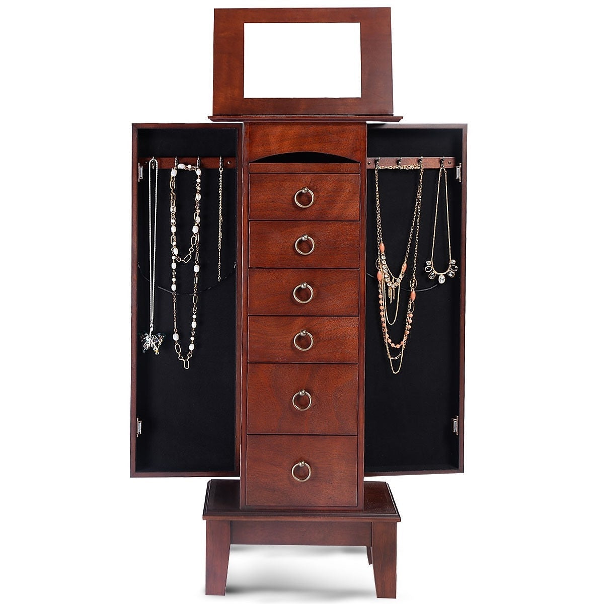 Medium Brown Wood Jewlery Armoire Storage Chest Cabinet with Mirror-2