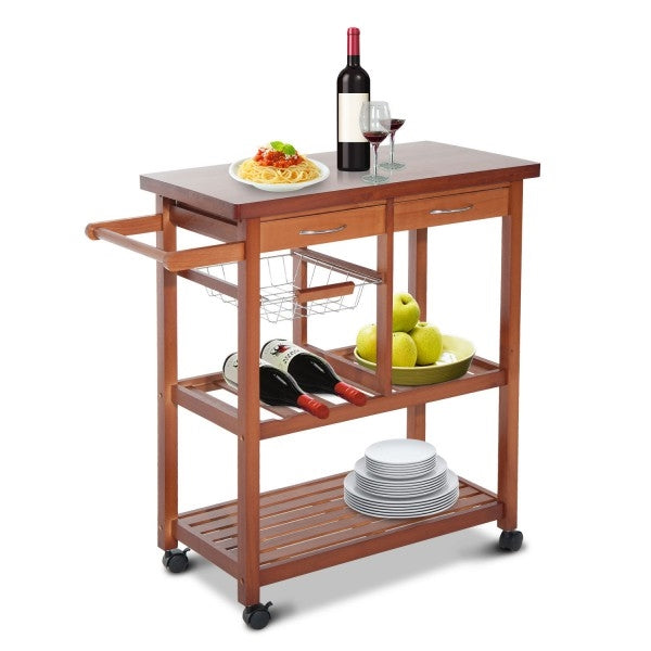 Kitchen Island Cart with Wine Rack and Wooden Cutting Board Top-0