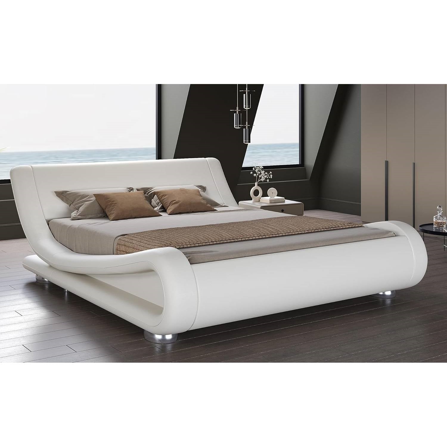 King Modern White Upholstered Platform Bed Frame with Sleigh Curved Headboard-1