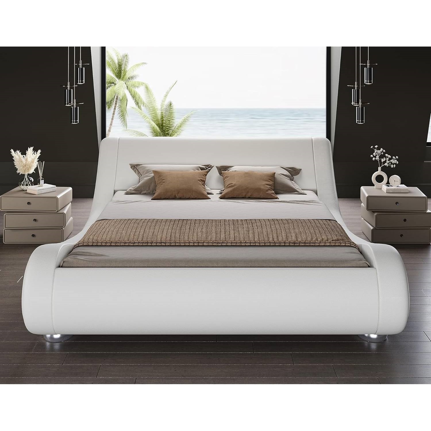 King Modern White Upholstered Platform Bed Frame with Sleigh Curved Headboard-2