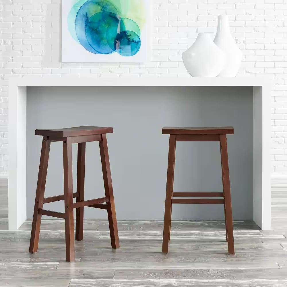 Set of 2 Farmhouse Bar Height Saddle Seat Barstools in Brown Walnut Wood Finish-0