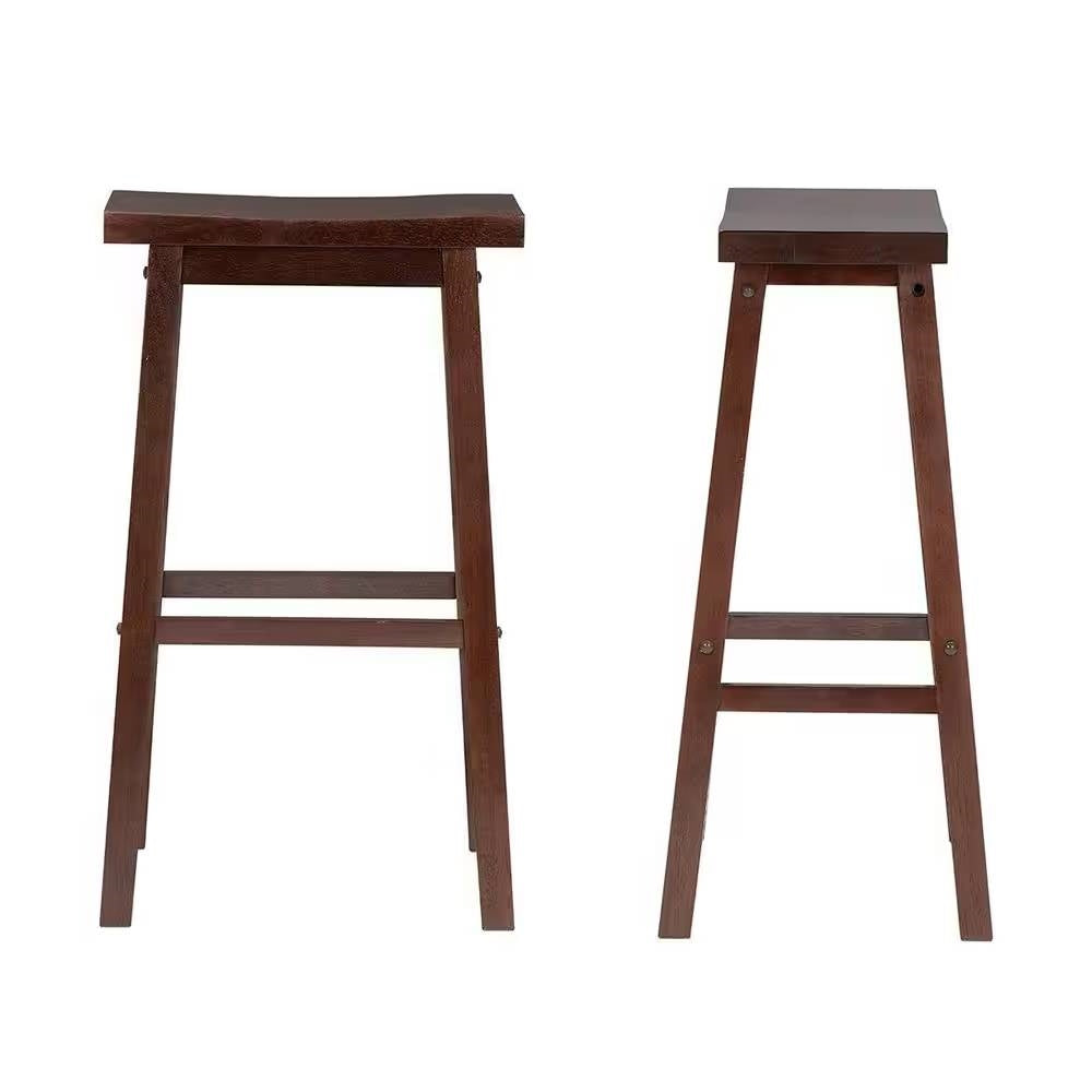 Set of 2 Farmhouse Bar Height Saddle Seat Barstools in Brown Walnut Wood Finish-2