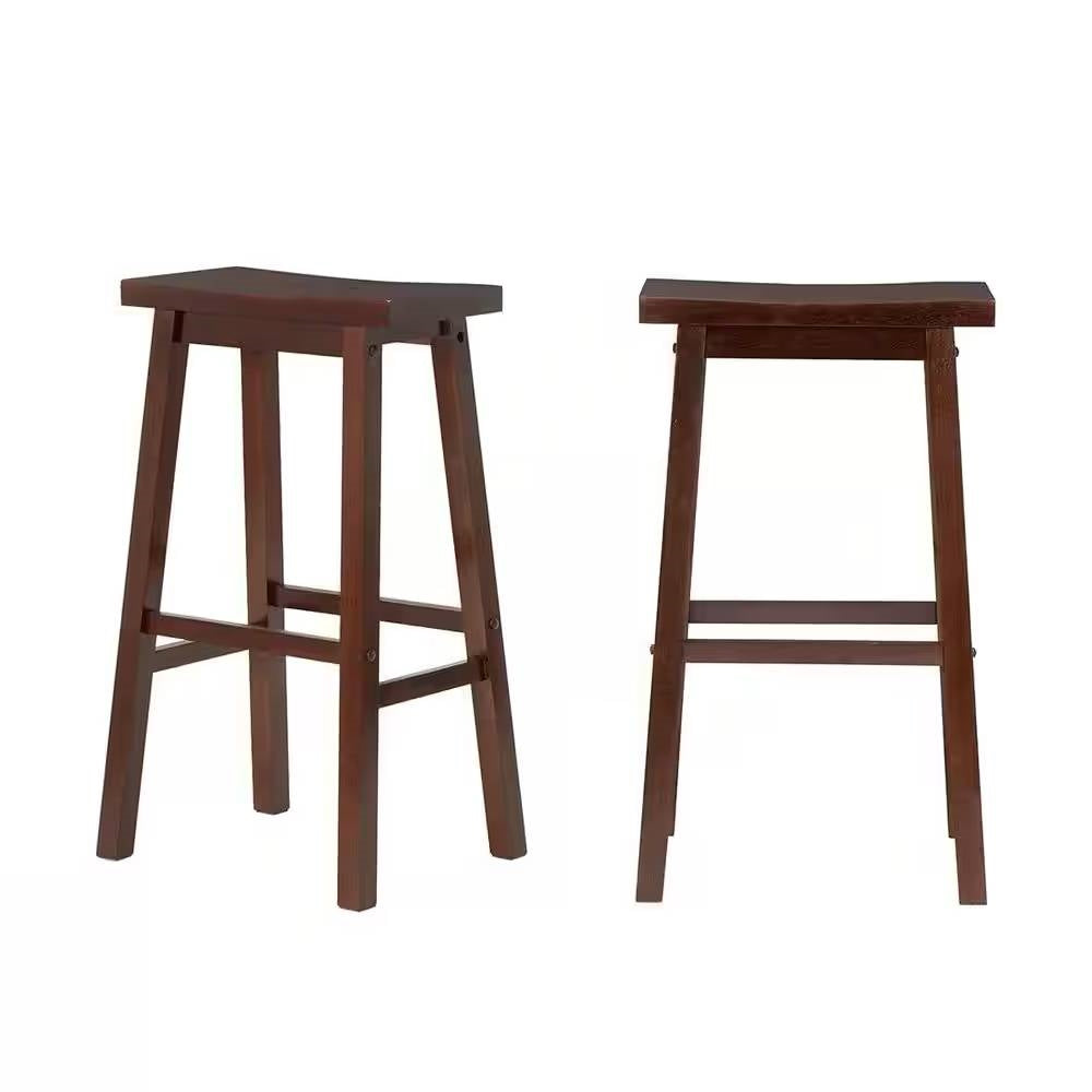 Set of 2 Farmhouse Bar Height Saddle Seat Barstools in Brown Walnut Wood Finish-3