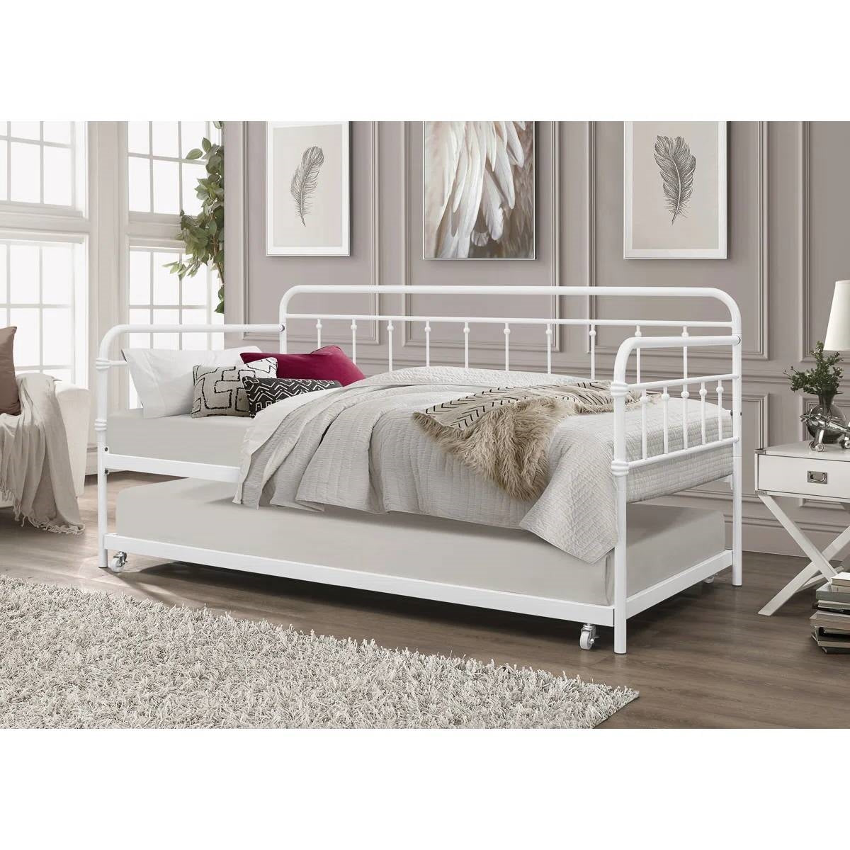 Twin size Traditional White Rounded Iron Daybed with Roll Out Trundle Bed Frame-0