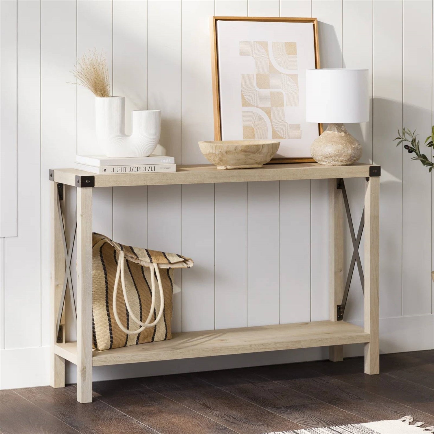 Industrial Farmhouse Entryway Table / Sofa Table in White Oak Wood Finish-0