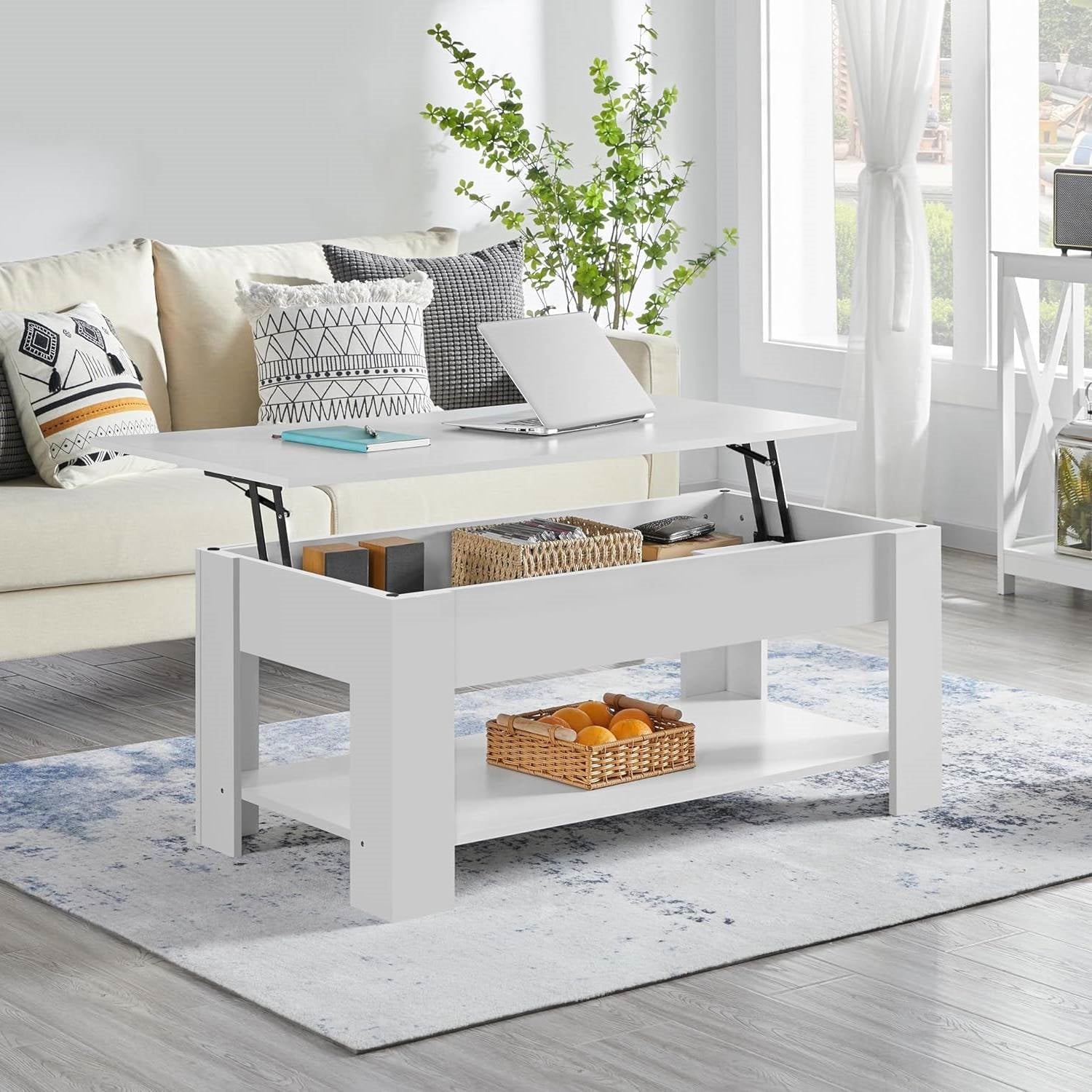 Lift-Top Coffee Table Laptop Desk TV Tray in White Wood Finish-1