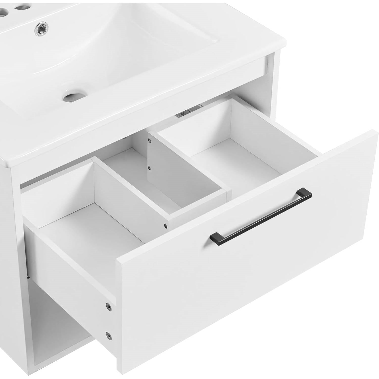 Modern Wall Mounted Bathroom Vanity in White Wood Finish with Ceramic Sink-3