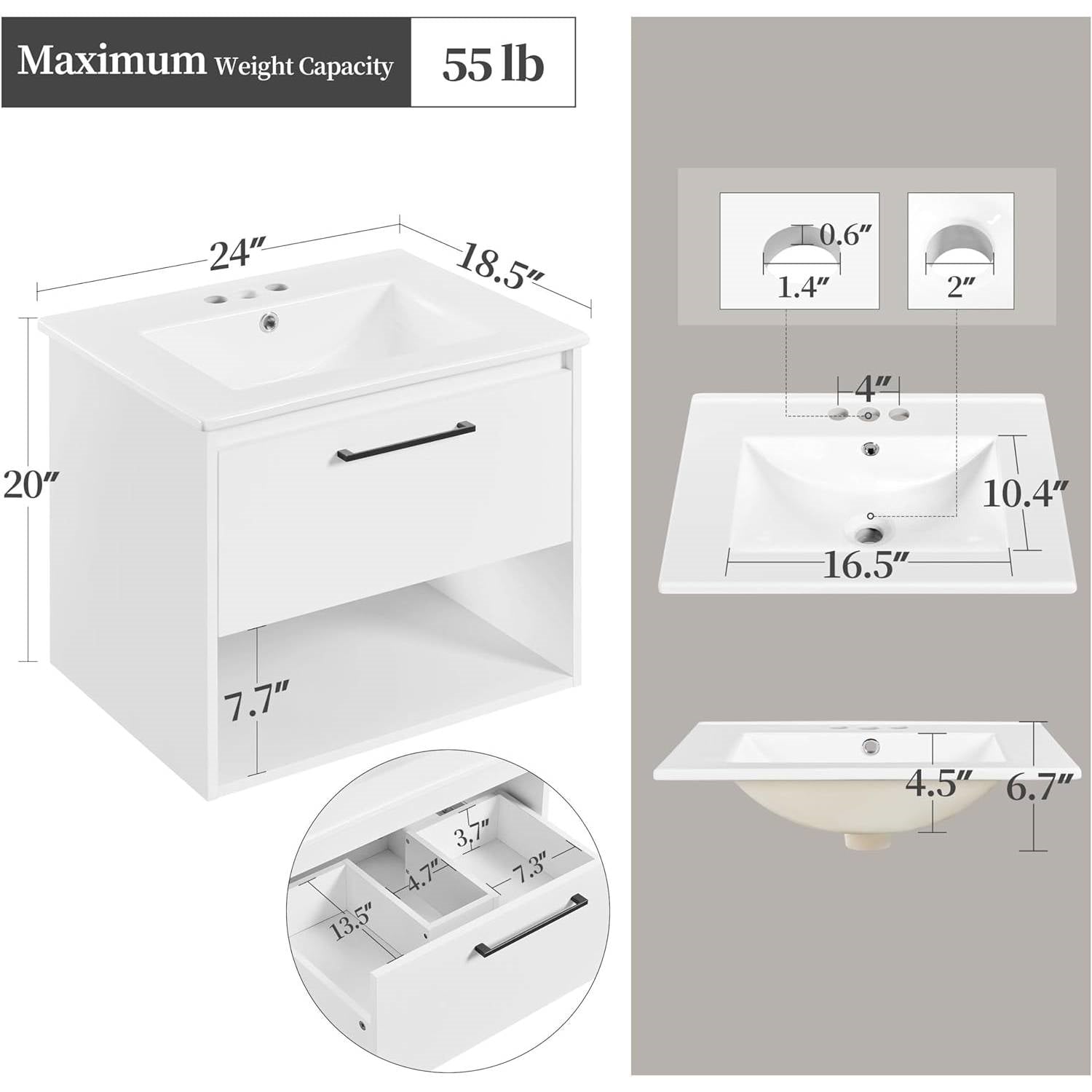 Modern Wall Mounted Bathroom Vanity in White Wood Finish with Ceramic Sink-4