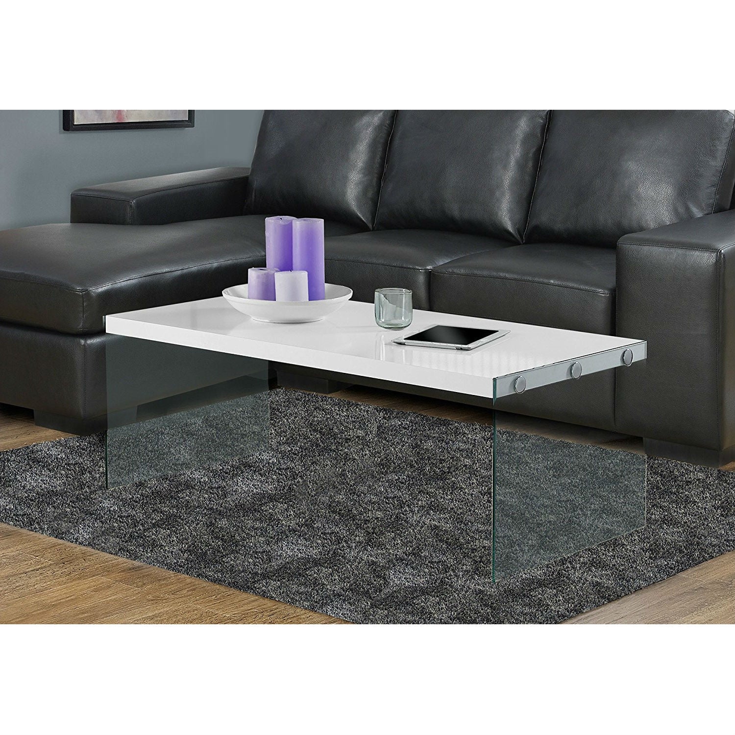 White Modern Rectangular Coffee Table with Tempered Glass Legs-2