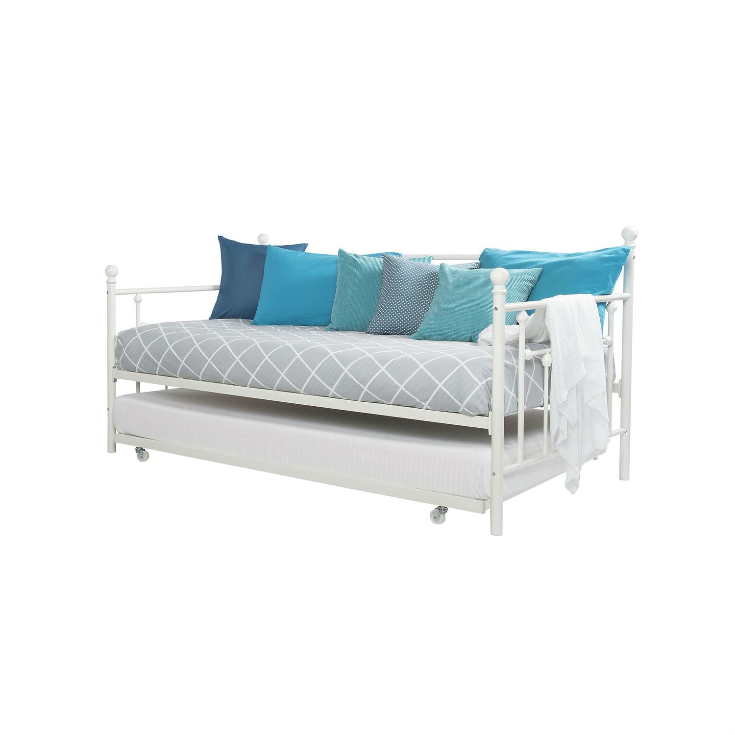 Twin size White Metal DayBed with Roll-out Trundle Bed-1