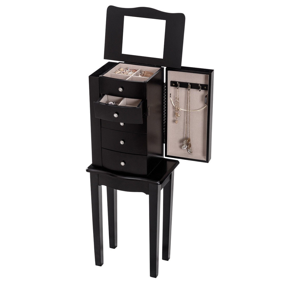 Black Wood 5-Drawer Jewelry Chest Storage Chest Cabinet with Mirror-2