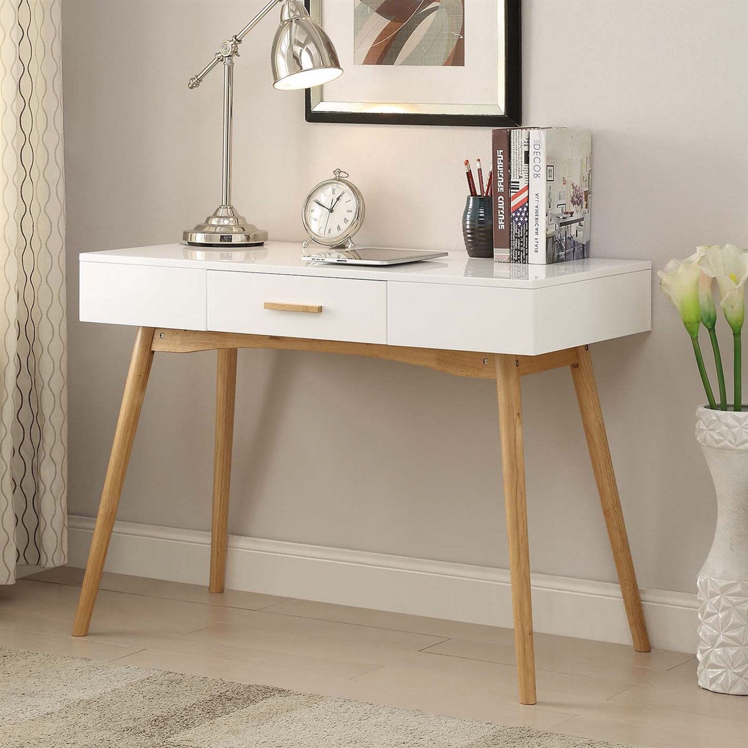 Modern Laptop Writing Desk in White with Natural Mid-Century Style Legs-0