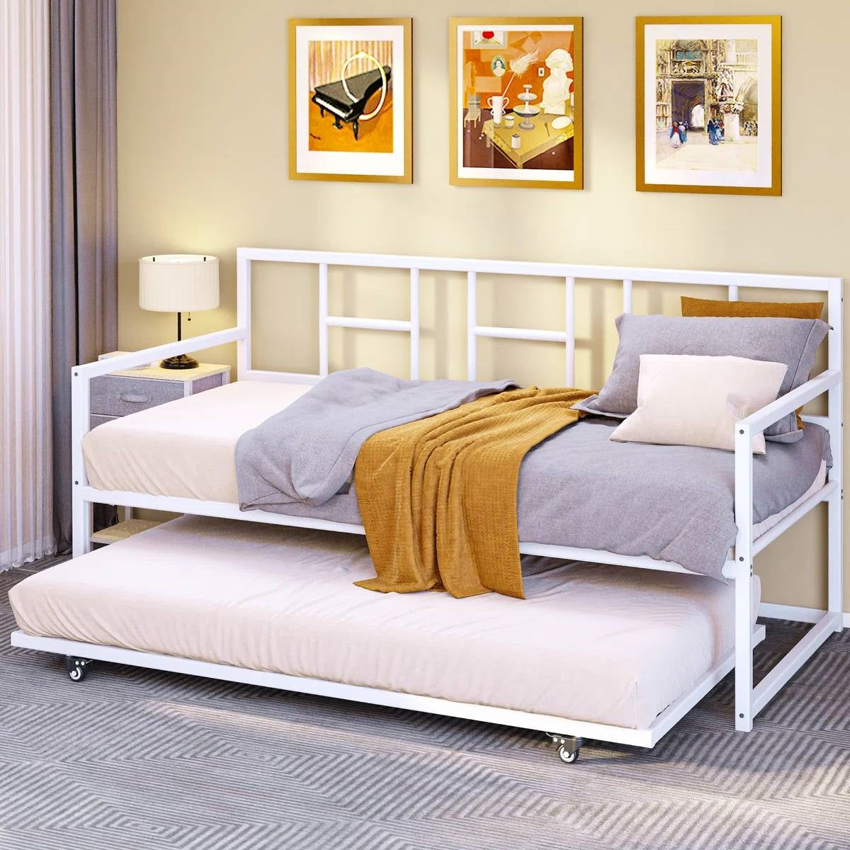 Twin size White Metal Daybed Frame with Roll Out Trundle Bed Frame-1