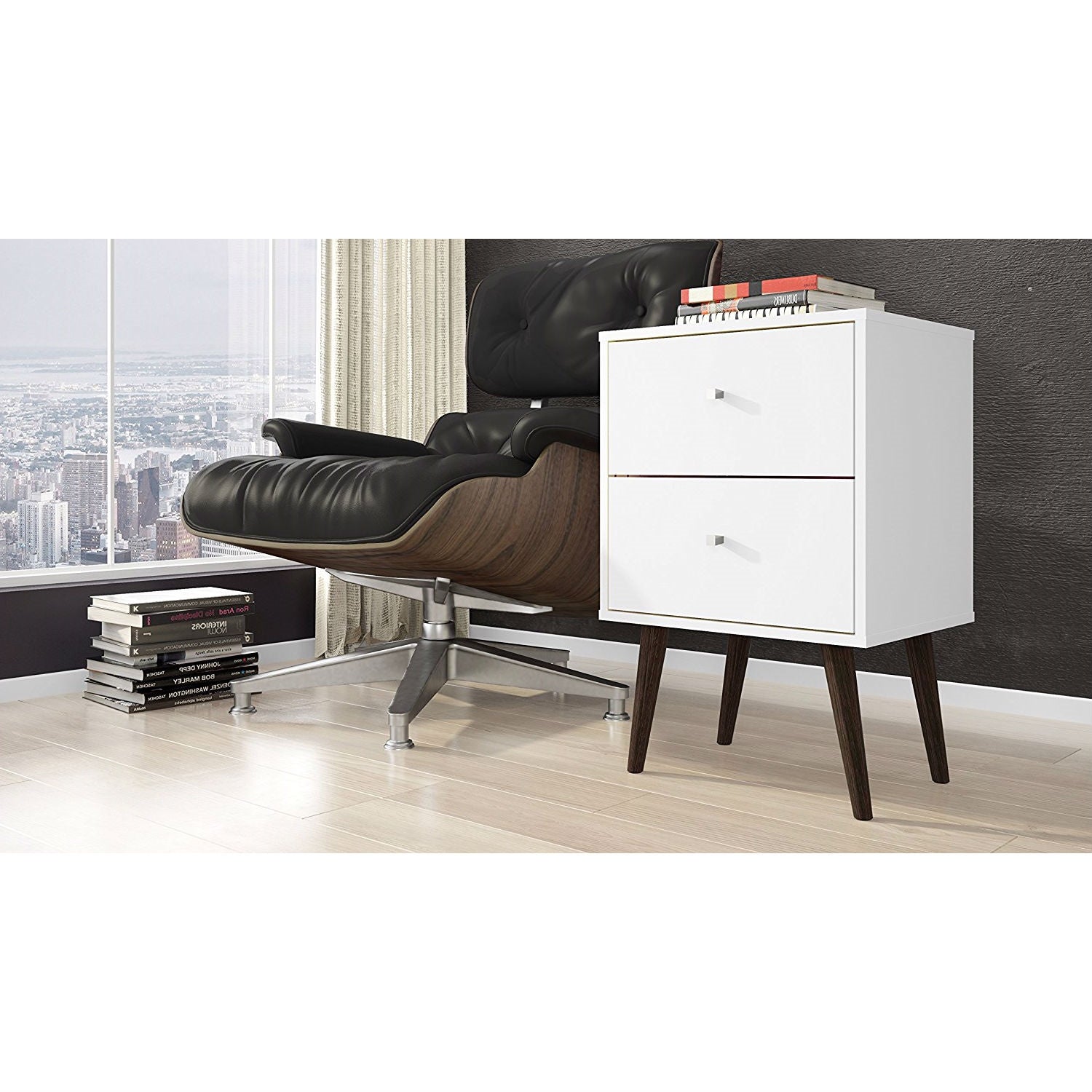 White Modern Mid-Century Style 2-Drawer Side Table Nightstand-2