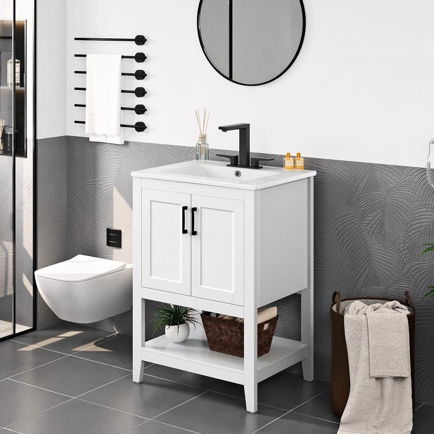 Modern White Wood Bathroom Vanity with White Ceramic Sink-1