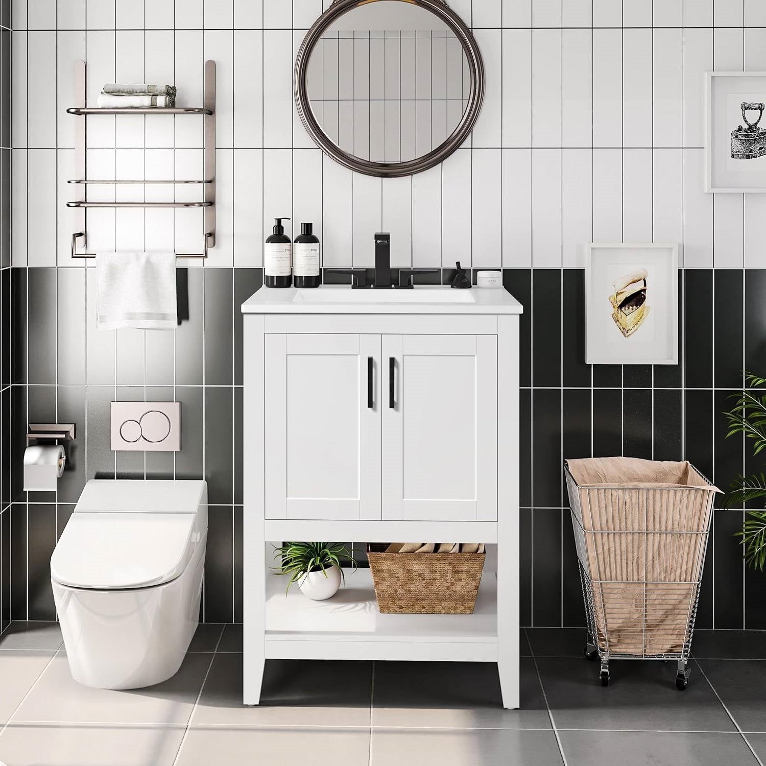 Modern White Wood Bathroom Vanity with White Ceramic Sink-2