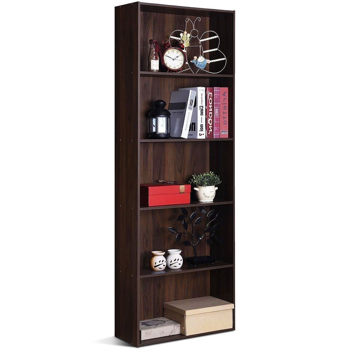 Modern 5-Tier Bookcase Storage Shelf in Brown Walnut Wood Finish-1