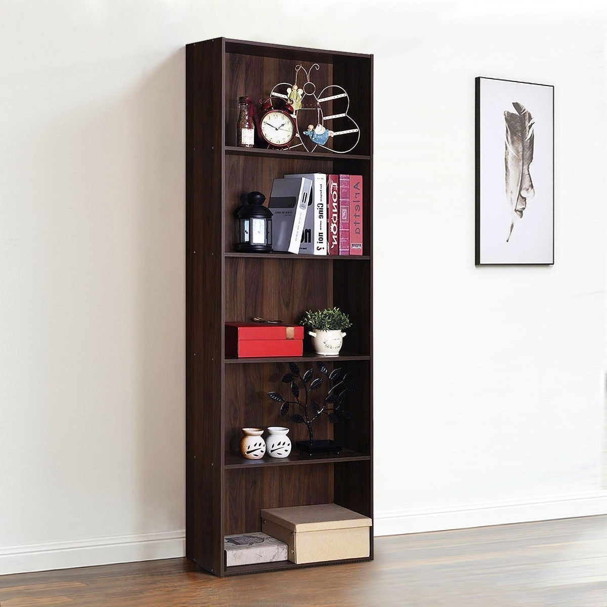 Modern 5-Tier Bookcase Storage Shelf in Brown Walnut Wood Finish-2