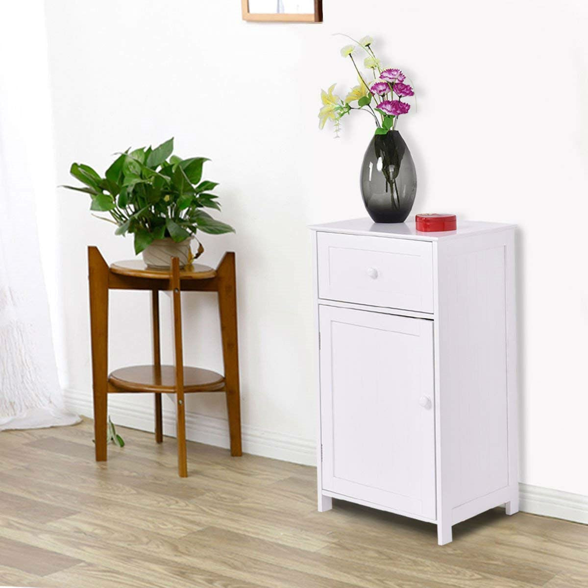 White Wood Bathroom Storage Floor Cabinet with Water Resistant Finish-1