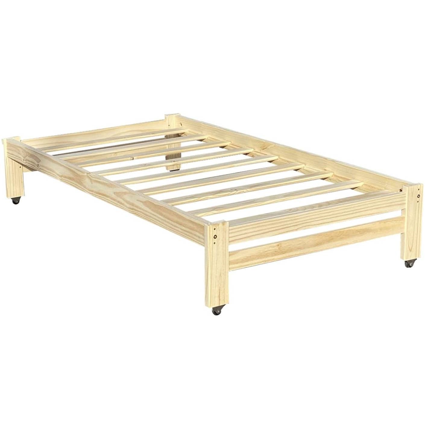 Twin Unfinished Solid Wood Platform Bed Frame with Casters Wheels-1