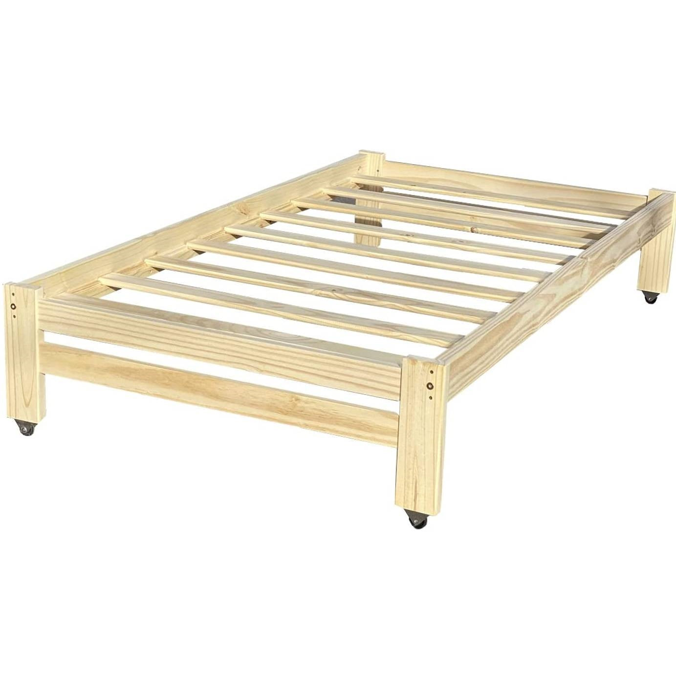 Twin Unfinished Solid Wood Platform Bed Frame with Casters Wheels-2