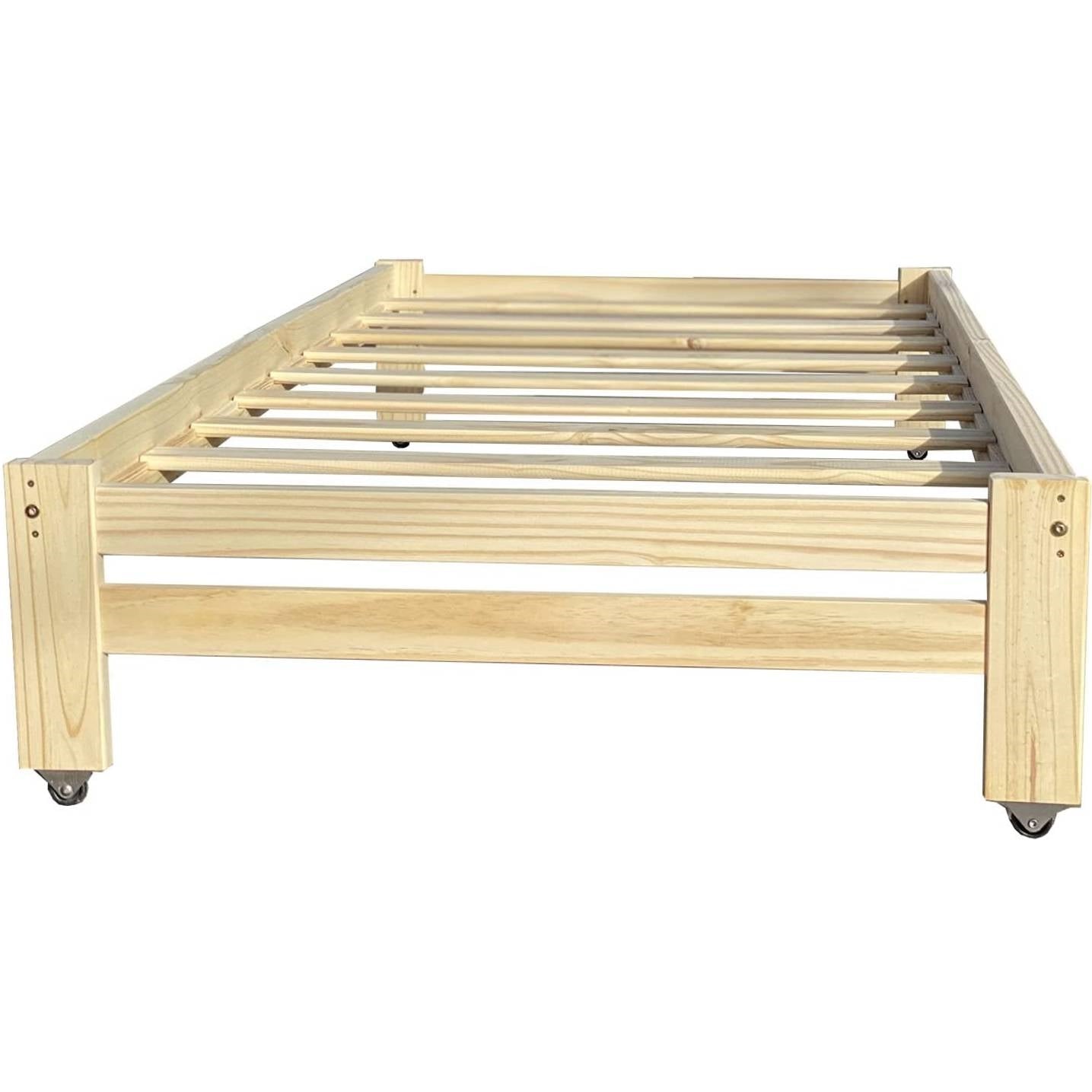 Twin Unfinished Solid Wood Platform Bed Frame with Casters Wheels-3