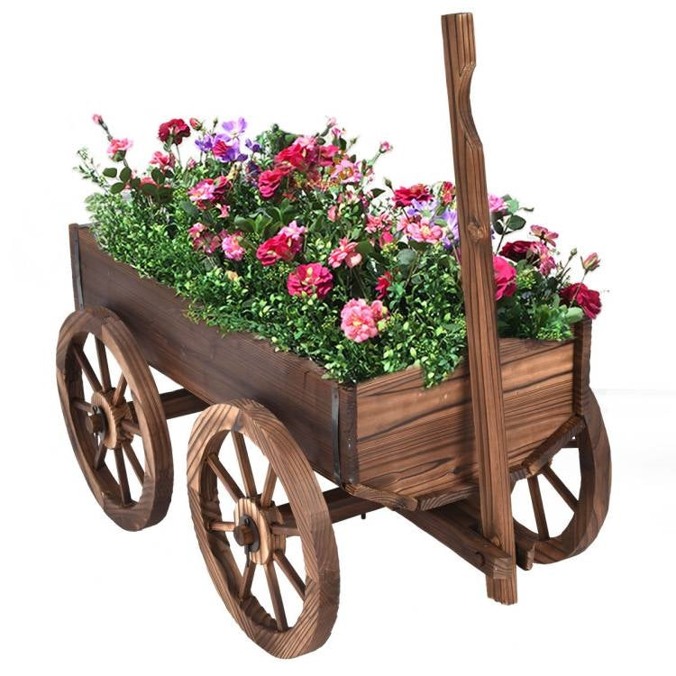 Outdoor Garden Fir Wood Barrel Planter Wagon on Wooden Wheels-0