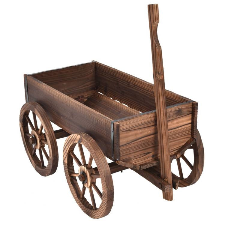 Outdoor Garden Fir Wood Barrel Planter Wagon on Wooden Wheels-1