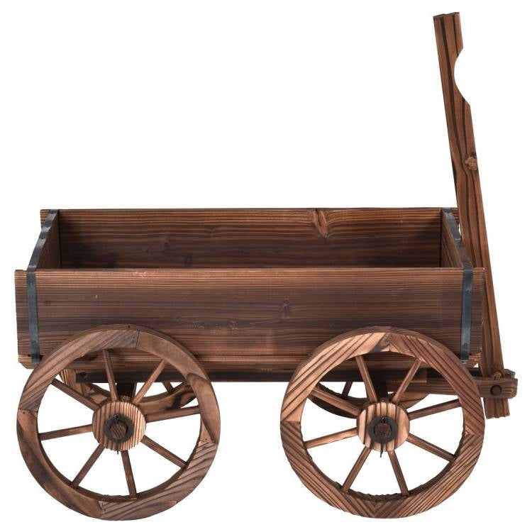 Outdoor Garden Fir Wood Barrel Planter Wagon on Wooden Wheels-2