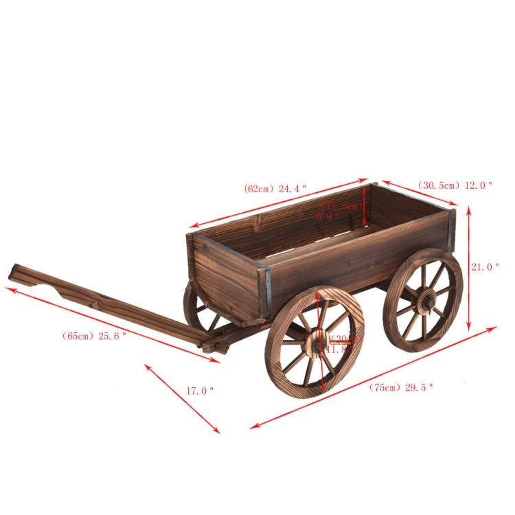 Outdoor Garden Fir Wood Barrel Planter Wagon on Wooden Wheels-4