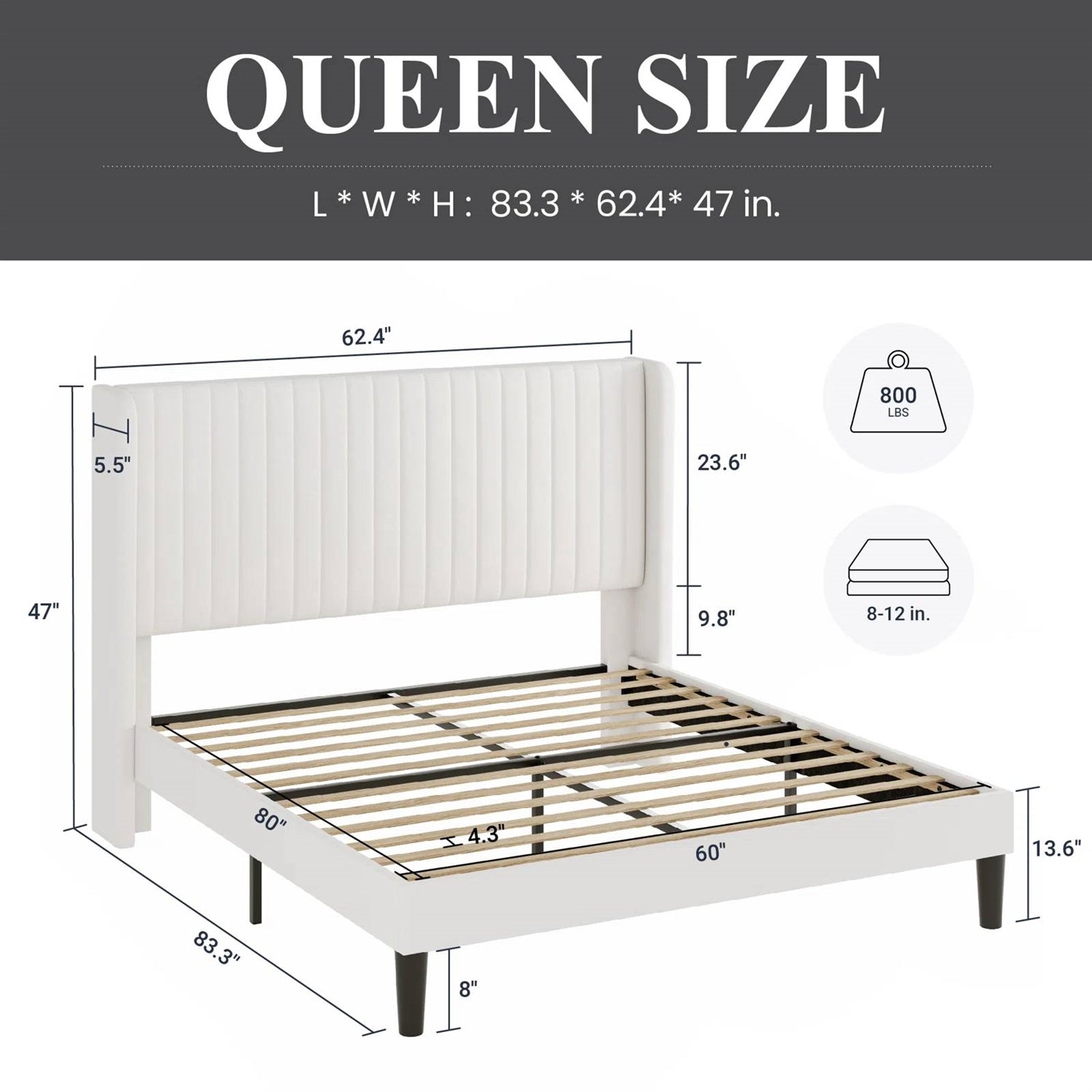 Queen size White Velvet Upholstered Platform Bed Frame with Wingback Headboard-4