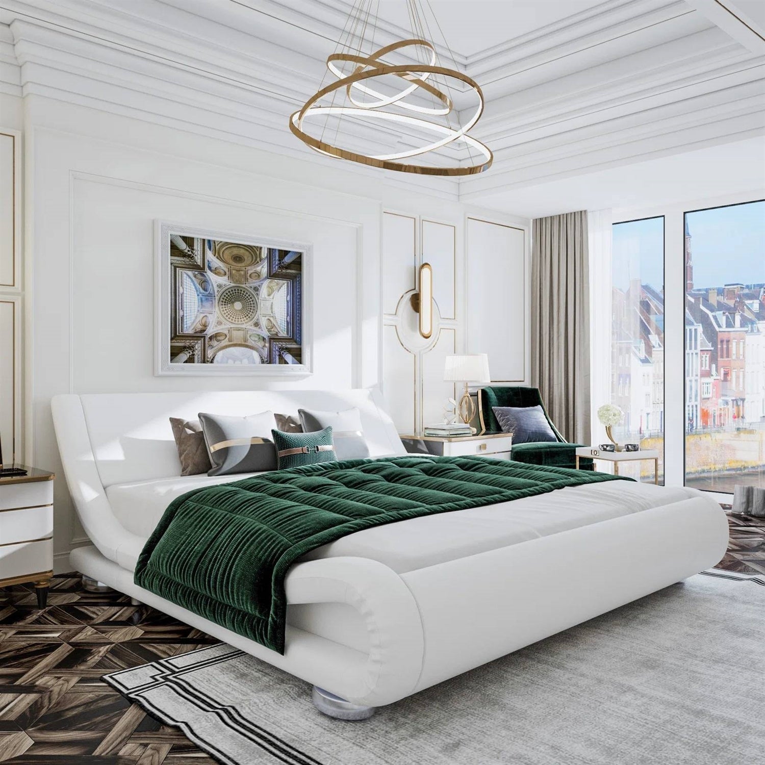 Queen Modern White Upholstered Platform Bed Frame with Sleigh Curved Headboard-2