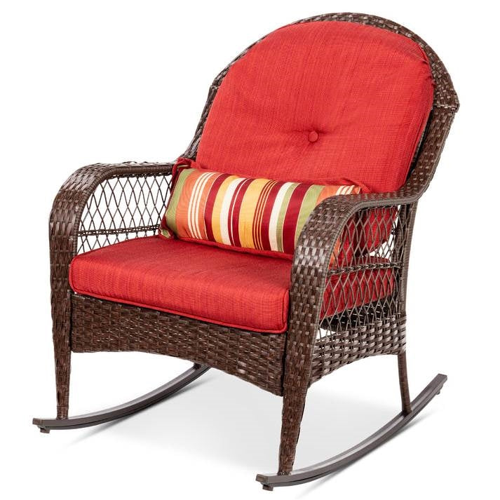 Outdoor Patio Brown Wicker Rocking Chair with Red Cushions and Accent Pillow-0