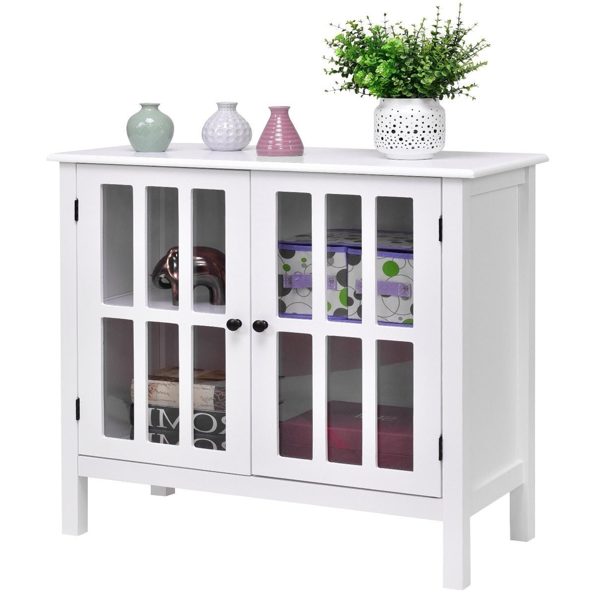 White Wood Sideboard Buffet Cabinet with Glass Panel Doors-0