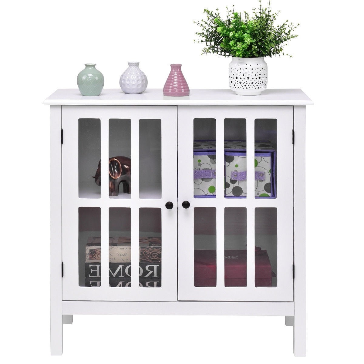 White Wood Sideboard Buffet Cabinet with Glass Panel Doors-1