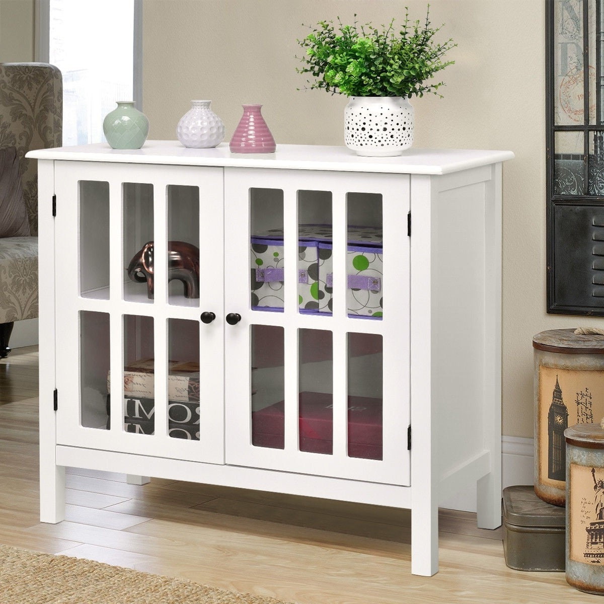 White Wood Sideboard Buffet Cabinet with Glass Panel Doors-4