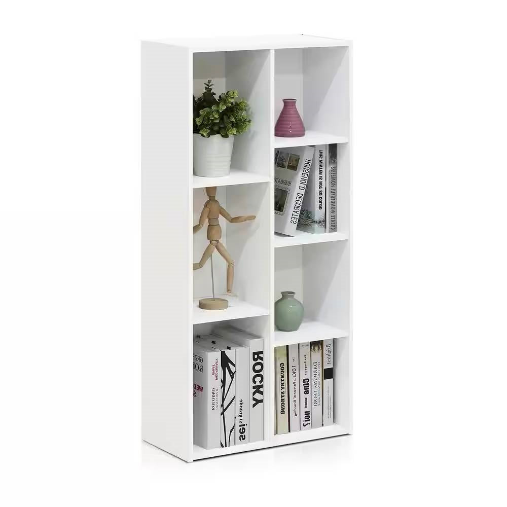 Modern 42-inch High Bookcase with 7 Open Shelves in White Wood Finish-0