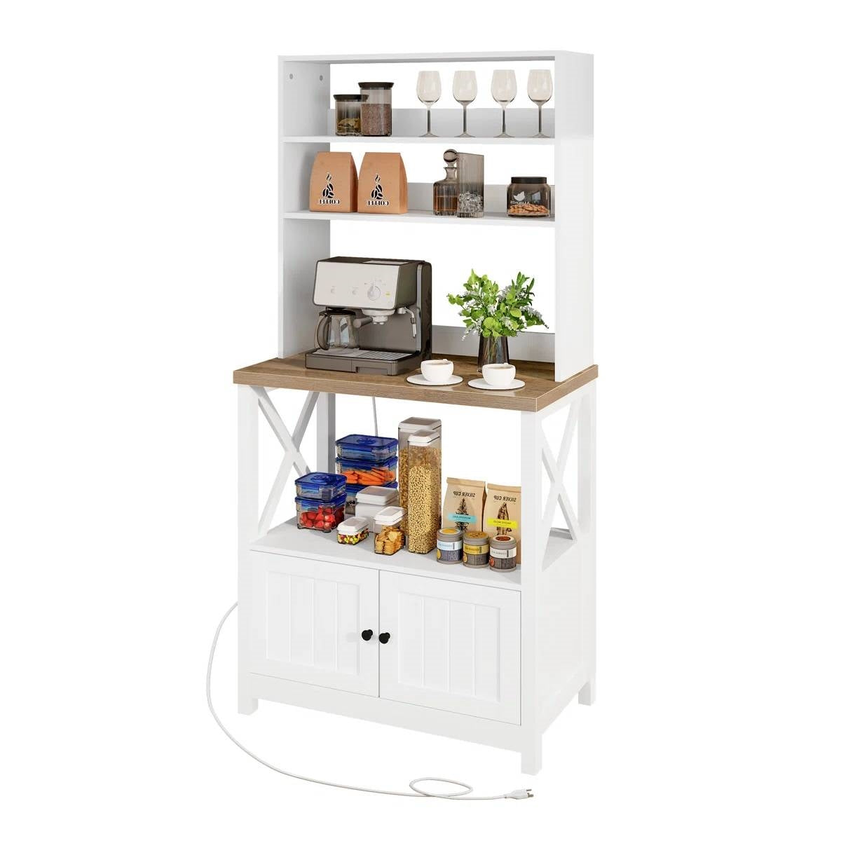 White Modern Farmhouse Baker's Rack Kitchen Shelving Unit Storage Cabinet-0