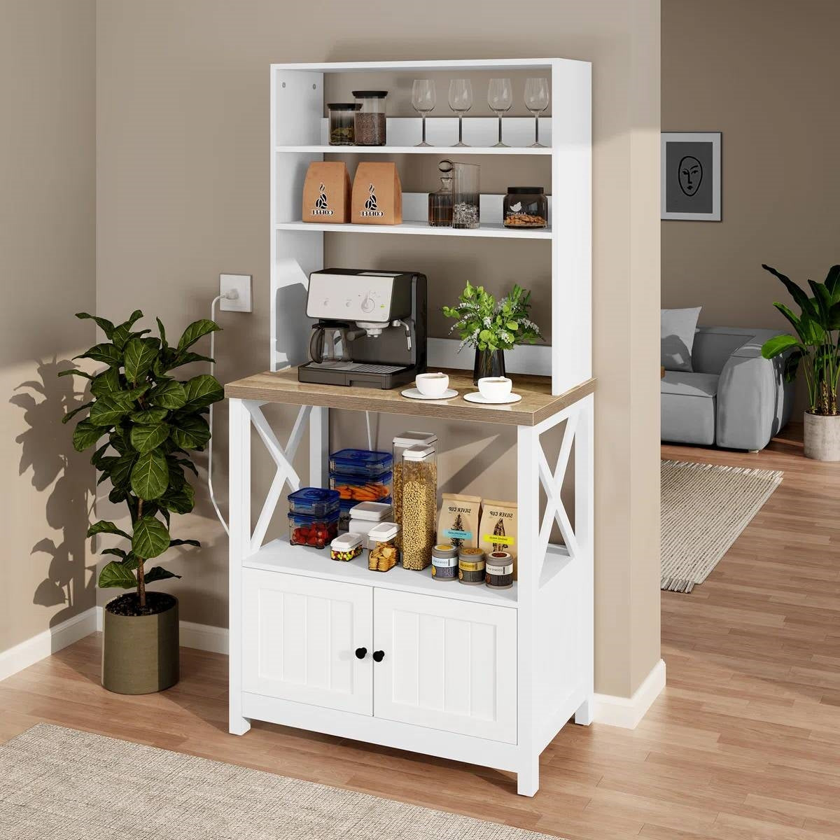 White Modern Farmhouse Baker's Rack Kitchen Shelving Unit Storage Cabinet-1