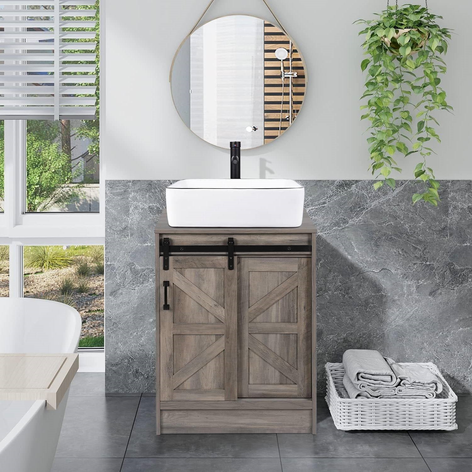 Farmhouse Modern Bathroom Vanity in Rustic Wooden Finish with White Ceramic Sink-0