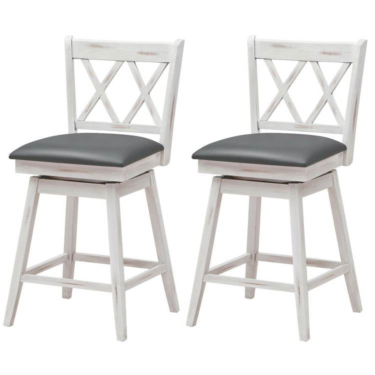 Set of 2 White Wood 24-in Counter Height Farmhouse Swivel Cushion Seat Barstools-0