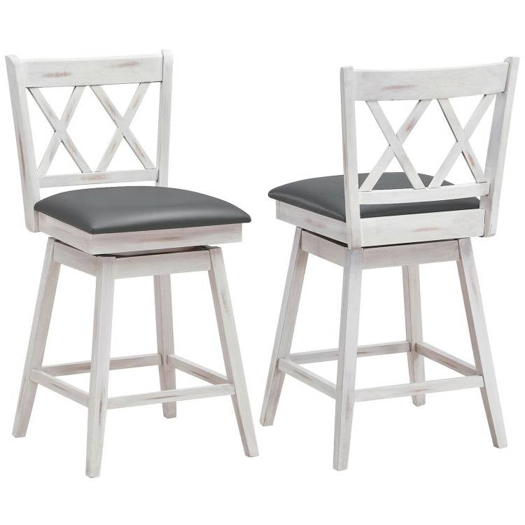 Set of 2 White Wood 24-in Counter Height Farmhouse Swivel Cushion Seat Barstools-1