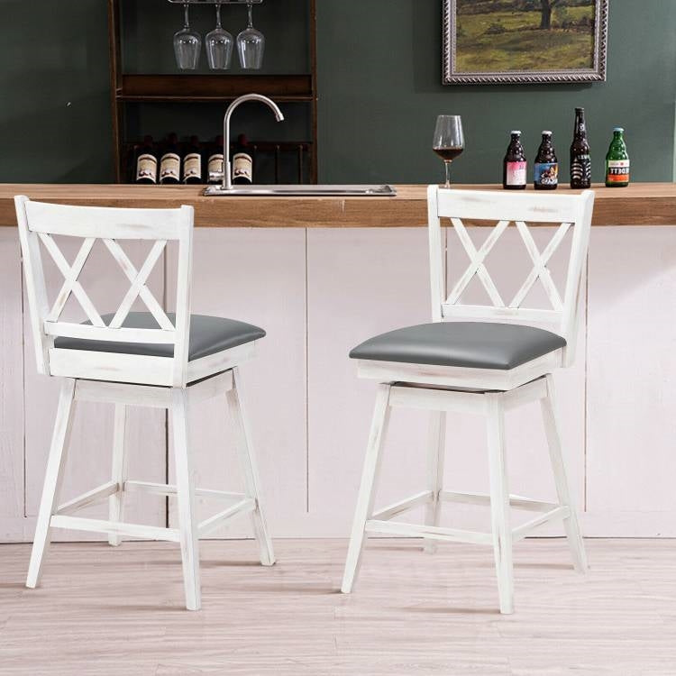 Set of 2 White Wood 24-in Counter Height Farmhouse Swivel Cushion Seat Barstools-2