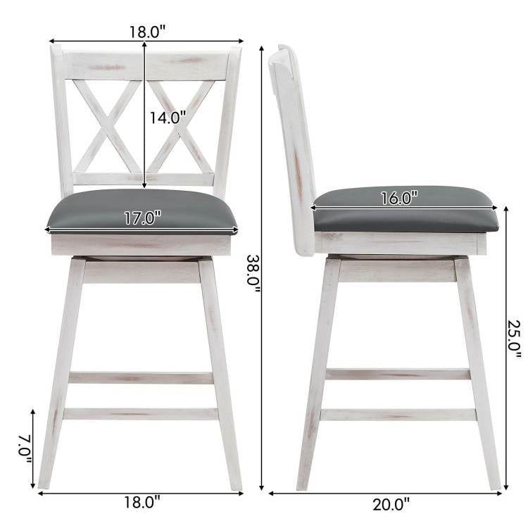 Set of 2 White Wood 24-in Counter Height Farmhouse Swivel Cushion Seat Barstools-4