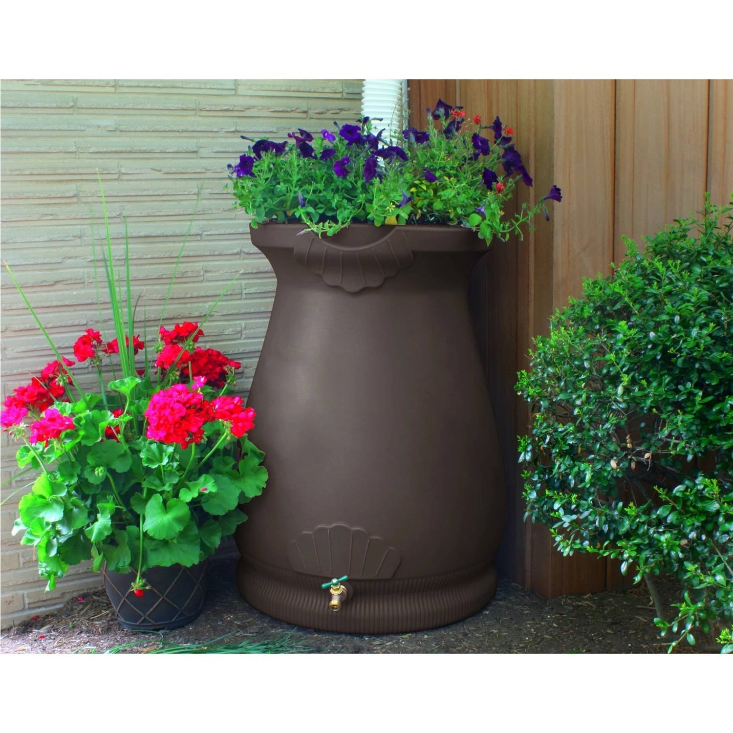 Brown Oak 65 Gallon Plastic Urn Rain Barrel with Planter Top-1